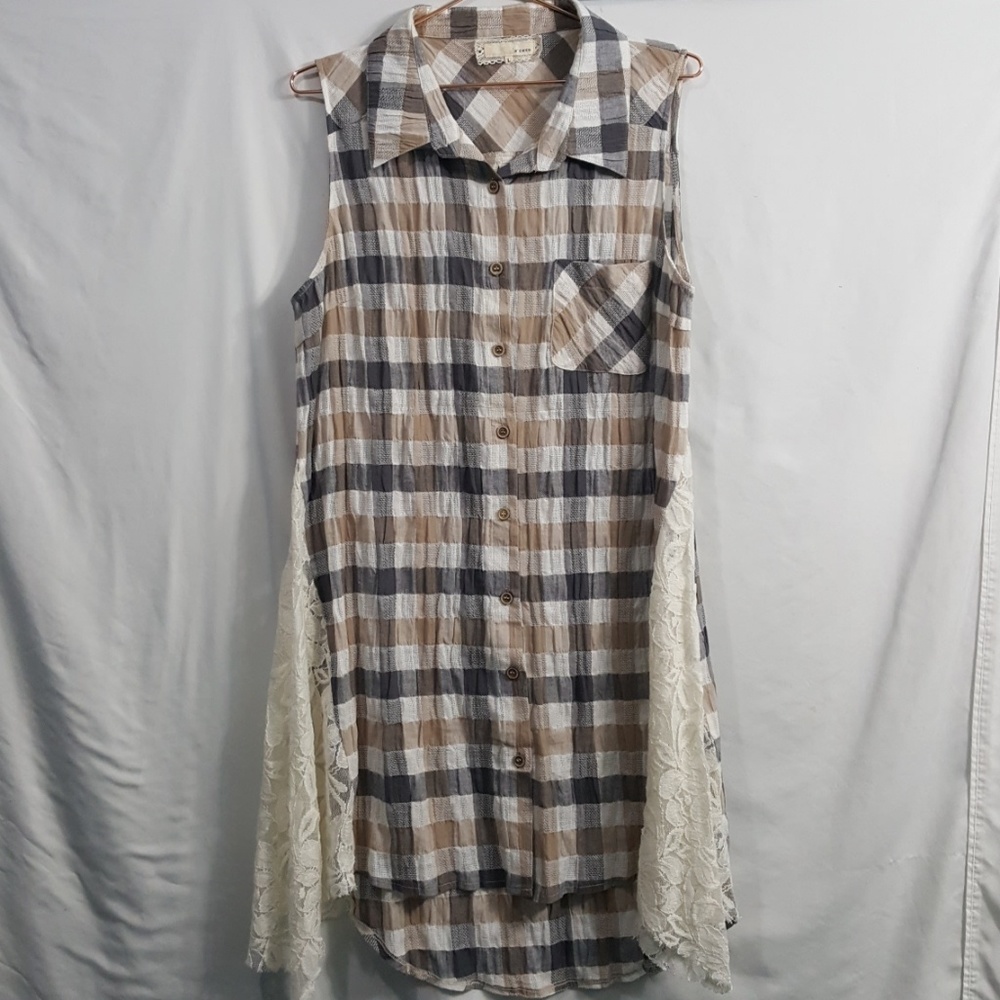 A'Reve Plaid Sleeveless Shirt Dress with Cream Lace Panels